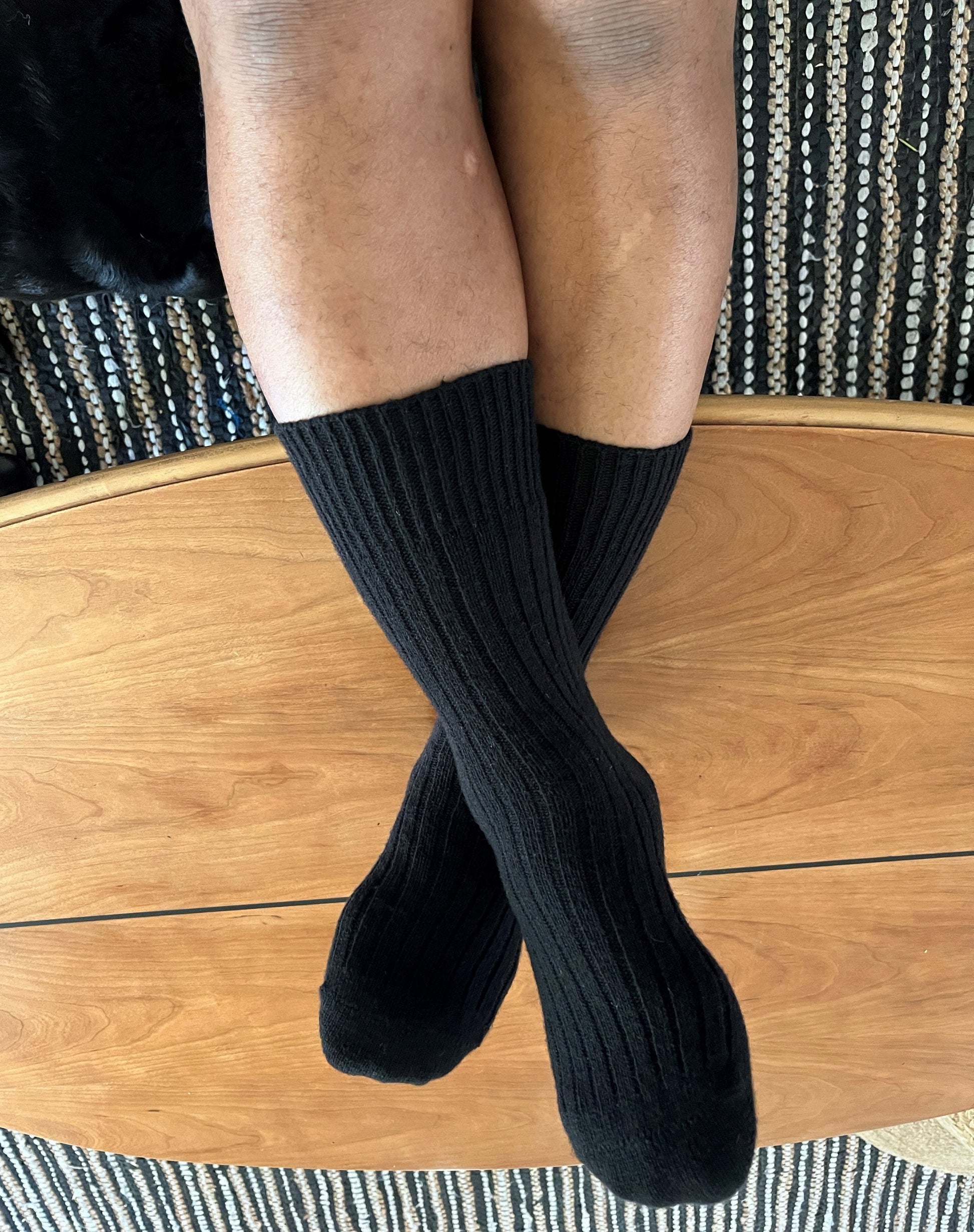 Black merino wool crew socks for men.