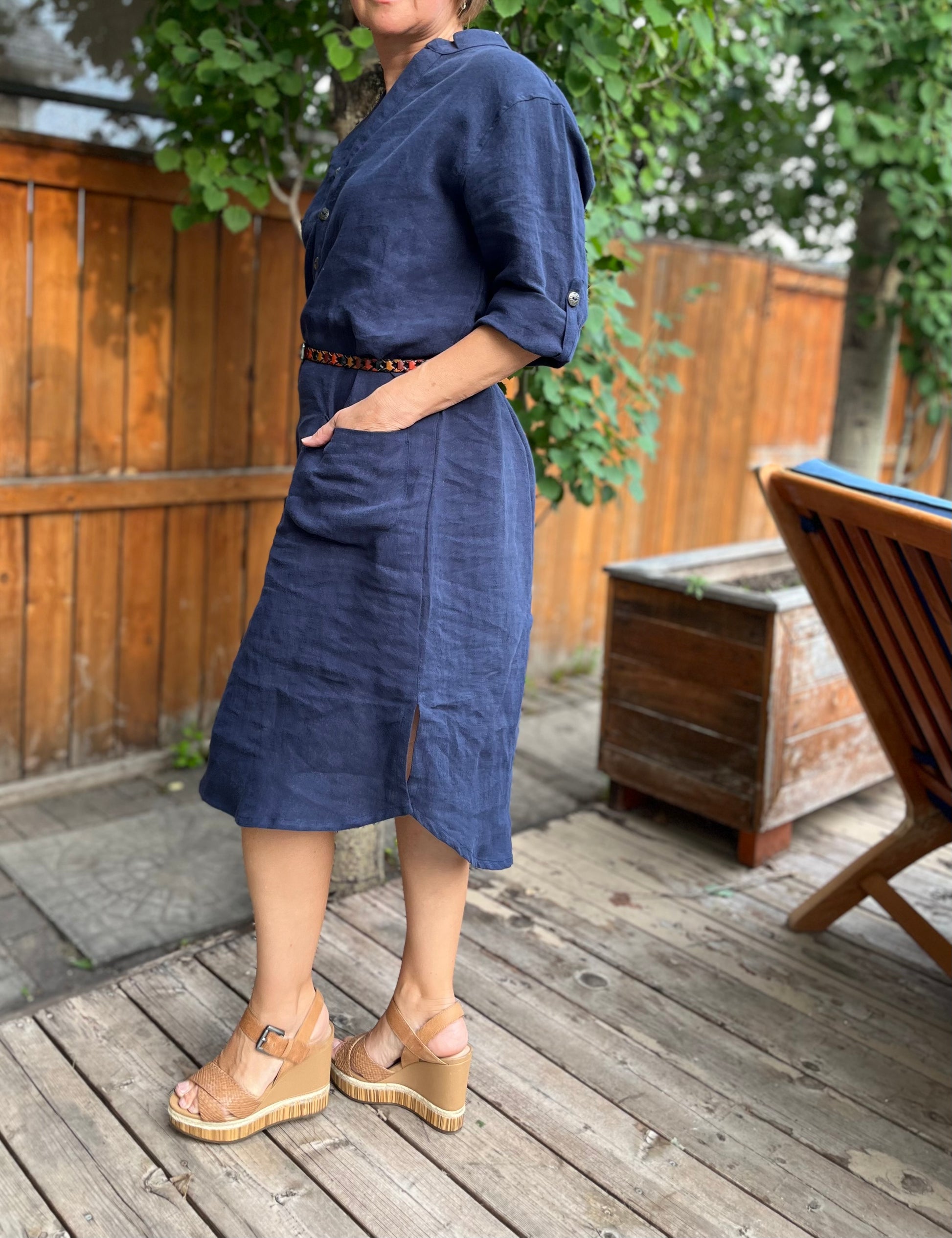 Navy linen midi shirt dress, belted.