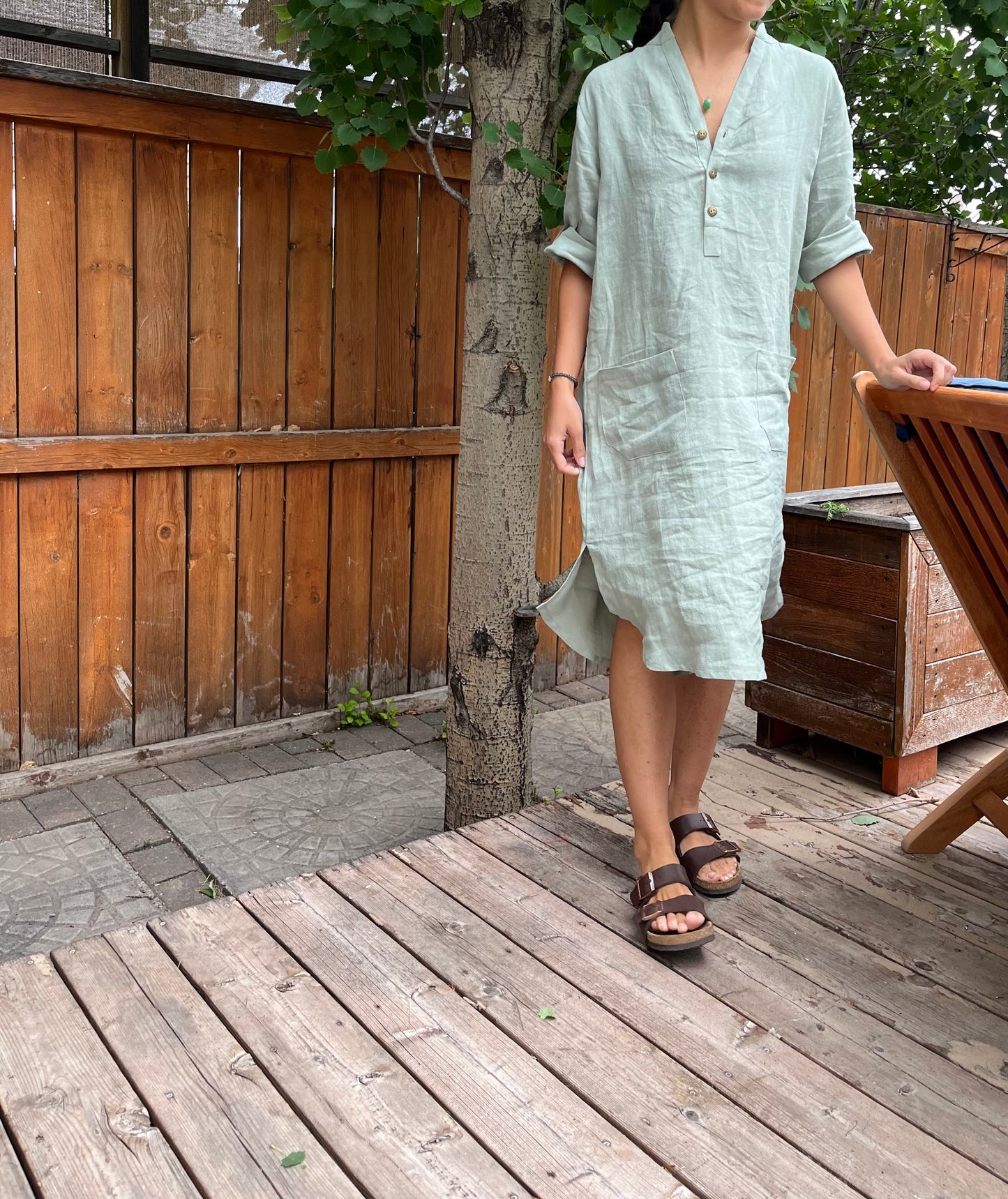 Linen midi dress in Seafoam color.